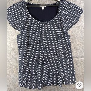 Dressbarn Blouse Blue w Tiny White Flowers Lined, Layered Short Flutter Sleeve